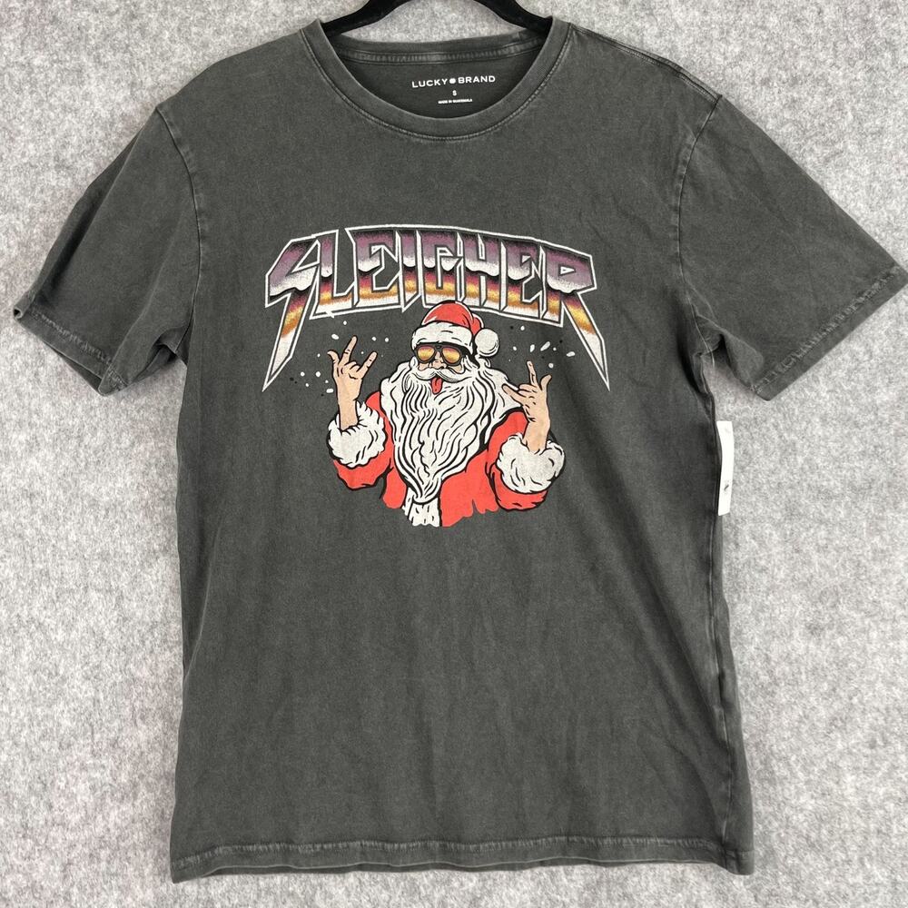Lucky Brand Sleigher Santa Tee Shirt Mens Small Gray Christmas Graphics NEW